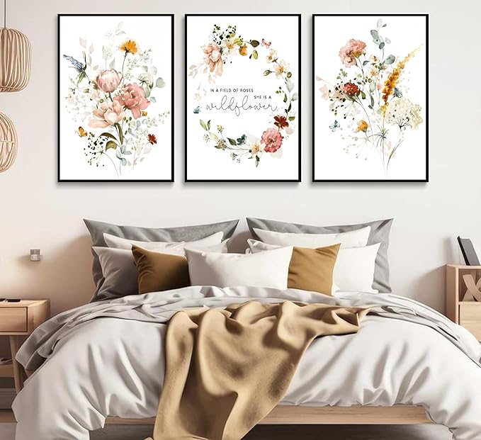3Pcs Pink Flowers Canvas Wall Art In A Field Of Roses She Is A Wildflower Painting Picture Decor Watercolor Wreath Poster Print Artwork for Nursery living room Girls Room Home Decoration Unframed-CasaMuseHome