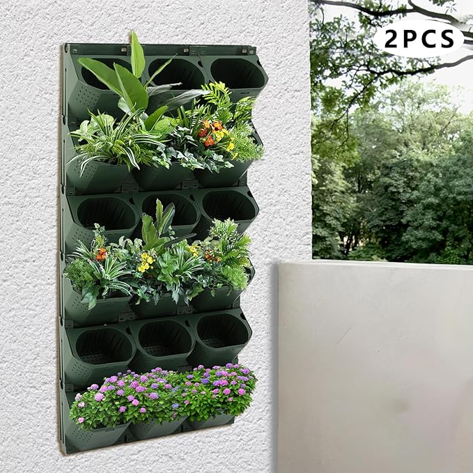 12Pieces 3-Pot Wall Planter Vertical Garden Plant Walls Wall Mounted Vertical Planter with Water-Storage Layer Stackable Wall-Mounted Flower Pot for Gardens, Balconies 180.78lbs Total Capacity (Green)-CasaMuseHome
