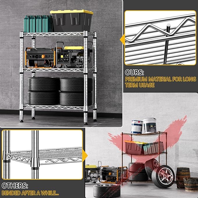 750 lbs 3 Tier Shelf Metal Storage Shelves Wire Rack Closet Organizers for Garage Kitchen Bathroom Laundry Chrome 11.8" D x 25.6" W x 31.5" H-CasaMuseHome