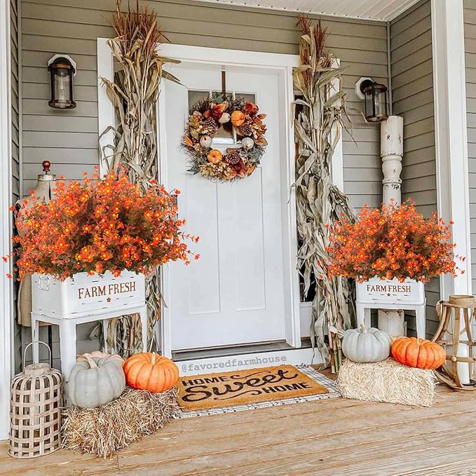 12 Bundles Artificial Fall Flowers No Fade Faux Autumn Plants, Fake Indoor Outdoor Greenery Decorations for Thanksgiving Christmas Wedding Party Home Garden Fireplace Décor (Fall Red)-CasaMuseHome