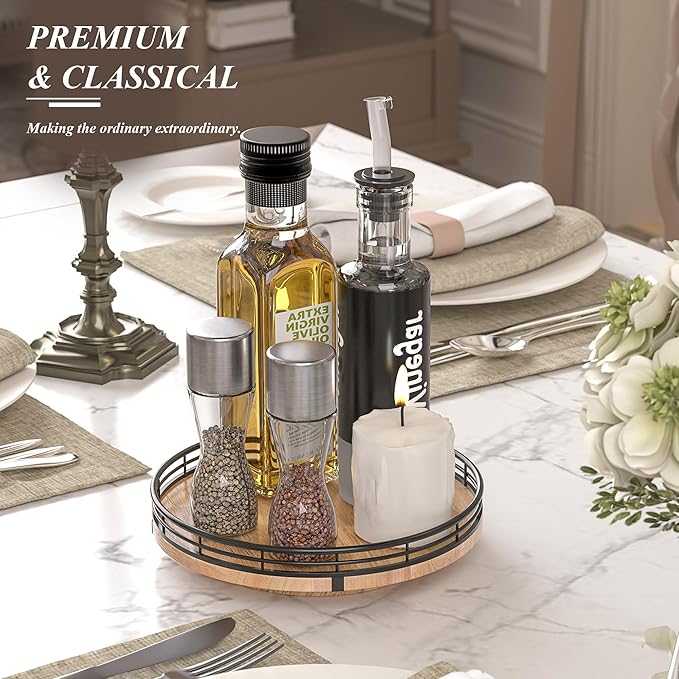 9" Oak Wood Lazy Susan Turntable Organizer for Cabinet, Round Wooden Farmhouse Lazy Susan Organization and Storage for Dining Table, Pantry, Kitchen, Countertop, Cupboard,Home Decor-CasaMuseHome