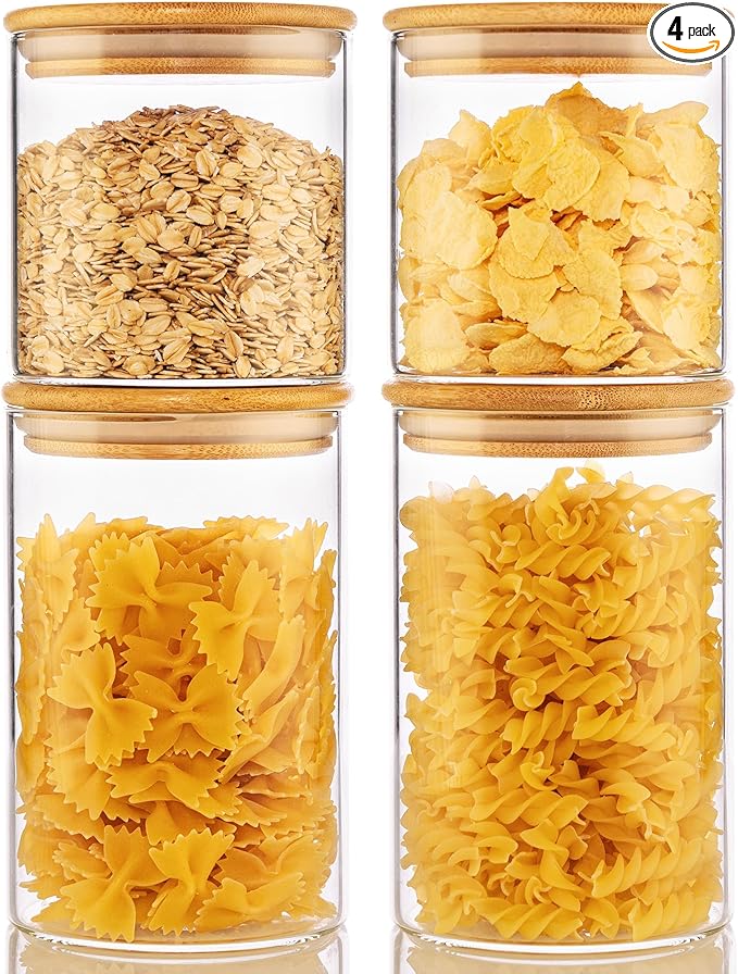32oz & 21oz - 4 Pack Glass Jars with Bamboo Lids, Glass Pantry Storage Containers with Airtight Lids, Round Air Tigh Food Storage Canisters for Cereal, Pasta, Flour, Sugar, Best for Kitchen Organizer-CasaMuseHome