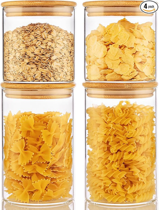 32oz & 21oz - 4 Pack Glass Jars with Bamboo Lids, Glass Pantry Storage Containers with Airtight Lids, Round Air Tigh Food Storage Canisters for Cereal, Pasta, Flour, Sugar, Best for Kitchen Organizer-CasaMuseHome