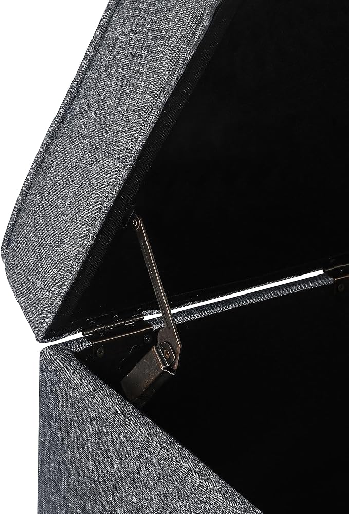 Adeco 17.5" Square Fabric Ottoman with Storage, Upholstered Cotton Linen Foot Rest, Flip Top Footstool, Small Cube Coffee Table Extra Seat for Living Room, Bedroom, Grey with Burlywood Legs-CasaMuseHome