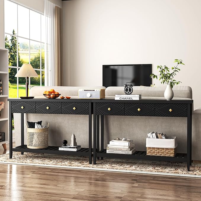 47" Console Table with 3 Drawers, Fluted Narrow Long Entryway Table with Storage Shelf, Accent Table for Entryway, Living Room, Behind Couch, Foyer, Hallway, Office-CasaMuseHome