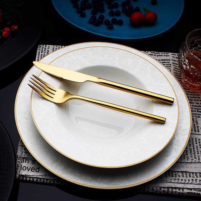 24 Piece Silverware Set For 6 Gold Heavy duty 18/10 Stainless Steel Flatware Set Modern Design Knife/Fork/Spoon Mirror Polished Dishwasher Safe Cutlery Set with Gifts-CasaMuseHome