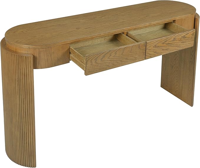 55" Sofa Table with Oval Top and 2 Drawers, Entryway Console Table with Fluted Design for Hallway,Foyer,Entry and Living Room (Fully Assembled-Pine Wood)-CasaMuseHome