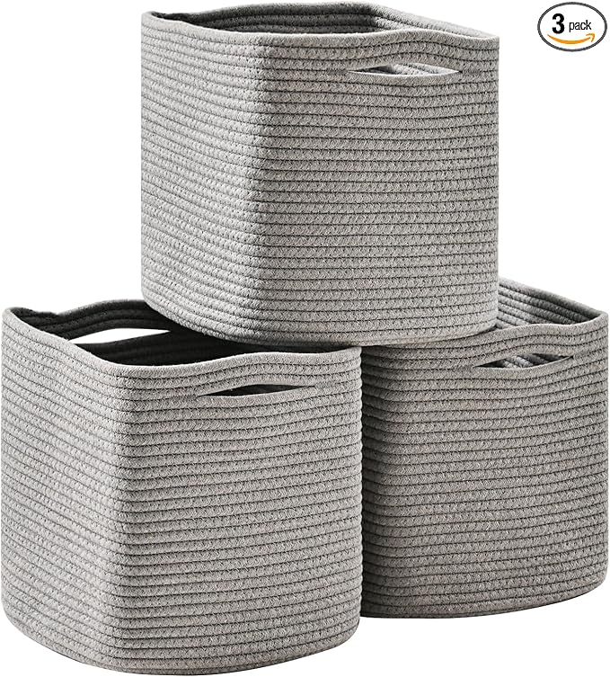 11 Inch Cube Storage Bins, Storage Cube Organizer Bins, Woven Cotton Rope Basket for Storage, Storage Baskets for Organizing Shelves, Grey Baskets for Toys Nursery, Grey (Pack of 3)-CasaMuseHome