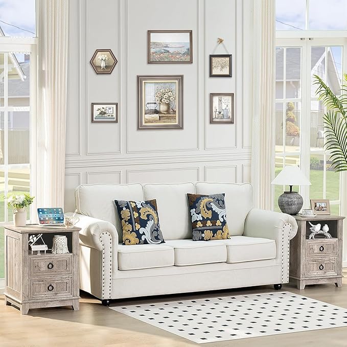 18" Farmhouse Night Stands Set of 2 with Charging Station, 2 & 3 Drawers End Table Dresser for Bedroom, Oak Wooden Nightstand, Bed Side Table with Open Shelf, Bedside Cabinet for Living Room-CasaMuseHome