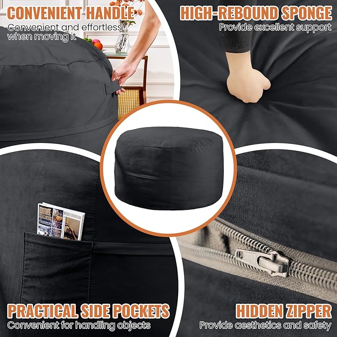 4FT Bean Bag Chair: Bean Bag with Velvet Cover, Fluffy and Comfy Bean Bag Chairs for Adults and Kids, Bean Bag Sofa Filled with High-Density Sponge for Gaming (Black)-CasaMuseHome