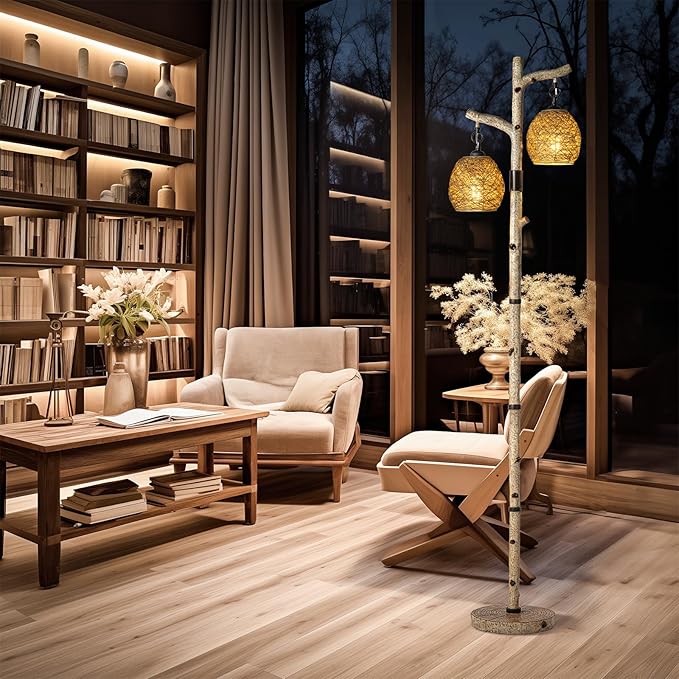 68.5" Rustic Farmhouse Remote Control Switch Birch Tree Floor lamp with Bird Nest Lantern Shade Vintage Standing Lamp for Living Room Bedroom Hotel Bar Office Wood House(Bulb Included)-CasaMuseHome