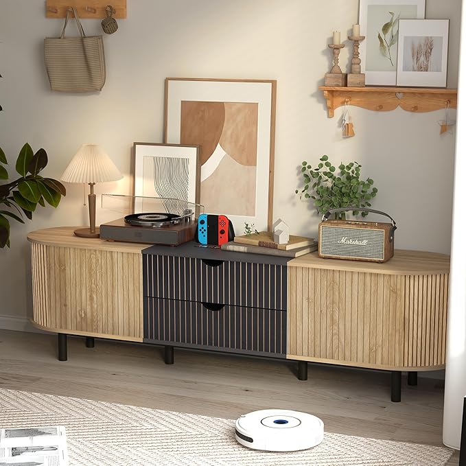 71" Tambour Door TV Stand,Wood Mid Century Modern TV Cabinet for Up to 85“ TV,Curved Edge Long TV Stand with Storage for Bedroom Living Room(Natural, 71inch)-CasaMuseHome