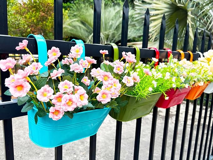8 Pack Hanging Planters 10", Colorful Metal Bacony Railing Planter for Outdoor Decor, Countryside Fence Pot Flower Bucket for Rails Patio Garden, Plant Pot for Herb (Multi-Color, 8Pcs)-CasaMuseHome