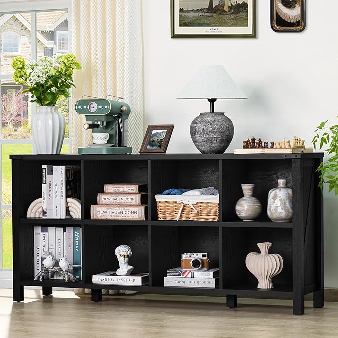 8 Cube Book Shelf, Farmhouse Wood Long Storage Organizer Bookcase, 62" Horizontal Black Console Closet Bookshelf, Hallway TV Stand for Entryway, Display Cabinet Book Case for Living Room-CasaMuseHome