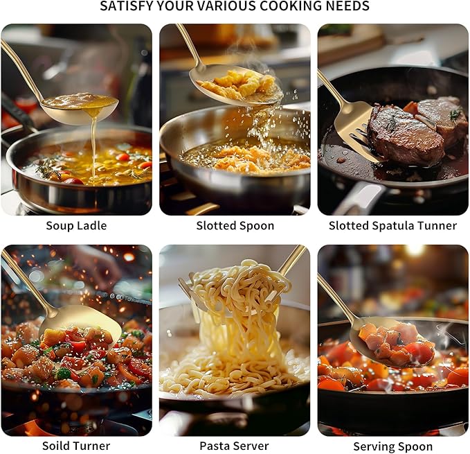 304 Stainless Steel Cooking Utensil,Kitchen Kitchen Utensil with Spatula, Solid Spoon, Ladle, Skimmer, Spaghetti Spoon, 6 Piece Set, Dishwasher Safe(Gold)-CasaMuseHome