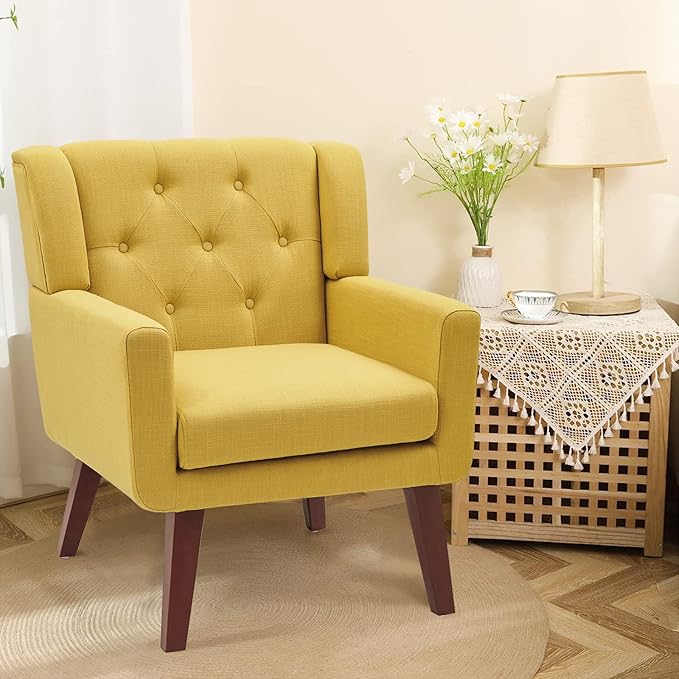 Accent Chair Button-Tufted Upholstered Living Room Chairs Comfy Reading Chair Mid Century Modern Chair with Linen Fabric Lounge Arm Chairs for Living Room Bedroom (Yellow)-CasaMuseHome