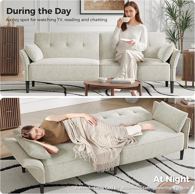 89” Futon Sofa Bed, Comfy Futon Couch Bed with 2 Square Pillows, Convertible Sleeper Sofa with Adjustable Backrest& Armrests, Modern Loveseat Sleeper for Living Room, Bedroom, White-CasaMuseHome