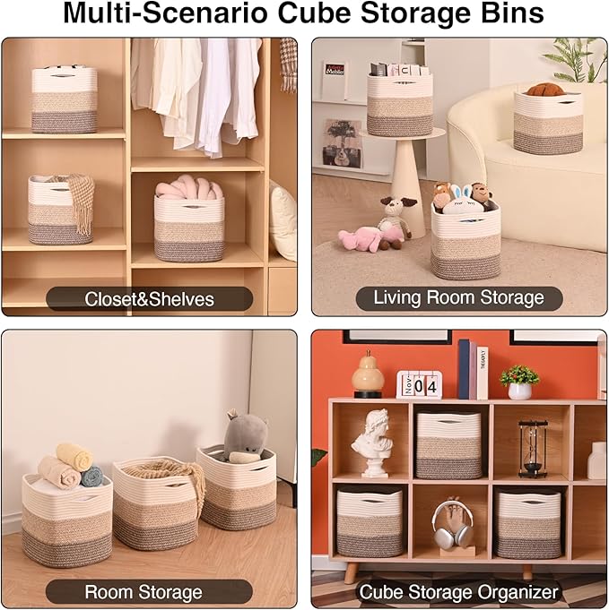 11 Inch Cube Storage Bins, Storage Cube Organizer Bins, Woven Cotton Rope Baskets for Storage, Storage Basket for Organizing Shelves, Square Baskets for Toys, Gradient Brown (Pack of 3)-CasaMuseHome