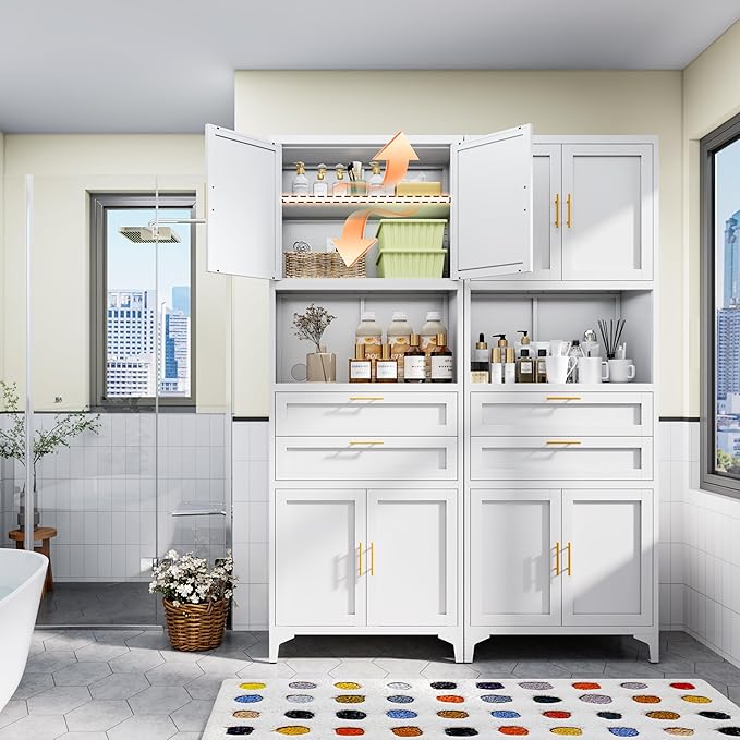 75” Tall Kitchen Pantry Storage Cabinet, Metal Bathroom Storage Cabinet with 2 Drawers and Adjustable Shelves, Kitchen Pantry Cupboard, Freestanding Cupboard for Bathroom, Living Room (White)-CasaMuseHome
