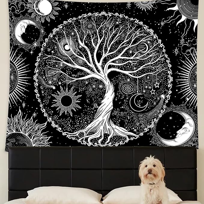 AACKart Tree of Life Tapestry for Bedroom Aesthetic Room Decor-Black and White Spiritual Tree Tapestry Wall Hanging with Sun Moon Star 78.7×59.1 inches-CasaMuseHome