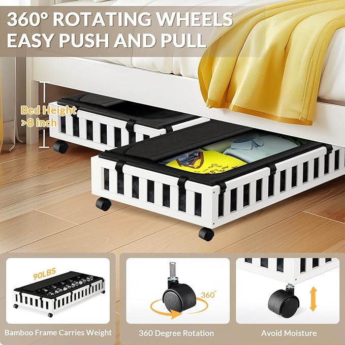 2 Pack Bamboo Under Bed Storage with Wheels, 39”x20”x7.8” Lager Under Bed Storage Containers (White)-CasaMuseHome