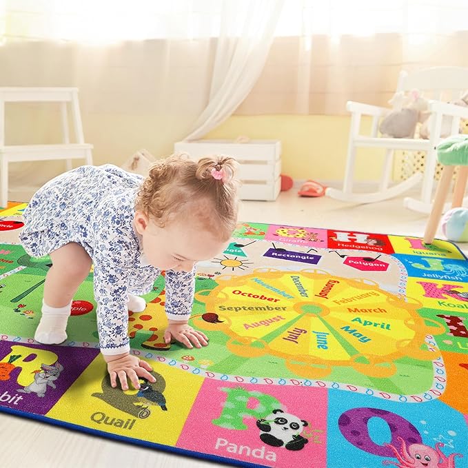 5x7 Playroom Rugs for Kids Washable, Educational and Fun Playmat with ABC Alphabet Animals Shapes Colors, Non-Slip Play Mat Learning Rugs for Baby Toddler Children Game Activity-CasaMuseHome
