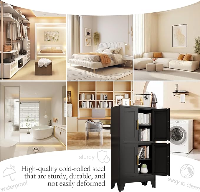 47.25" Metal Storage Cabinet, Black Kitchen Food Storage with 4 Door and 2 Adjustable Shelves, Freestanding Bathroom Cabinet, Pantry for Kitchen Dinning Room, Cupboard-CasaMuseHome