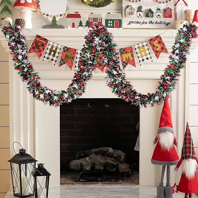 50 Feet Green Red Christmas Metallic Tinsel Twist Hanging Garland with Snowflake for Home Mantle Xmas Tree Staircase Railing New Year Holiday Party Indoor Outdoor Decorations-CasaMuseHome
