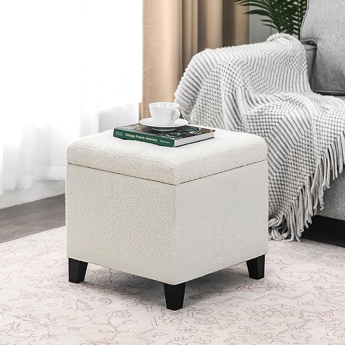 Adeco 18 Inch High Cube Ottoman Storage, Linen Chair Foot Stools, Upholstered Vanity Stool with Hinged Lid, Solid Wood Legs (White Circle Yarn)-CasaMuseHome
