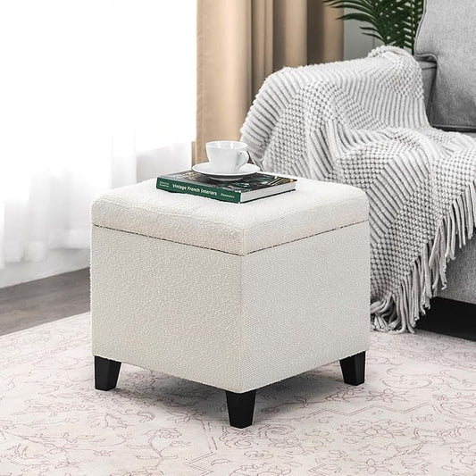 Adeco 18 Inch High Cube Ottoman Storage, Linen Chair Foot Stools, Upholstered Vanity Stool with Hinged Lid, Solid Wood Legs (White Circle Yarn)-CasaMuseHome