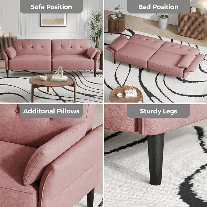 89” Futon Sofa Bed, Velvet Fabric Futon Couch Bed with 2 Square Pillows, Convertible Sleeper Sofa with Adjustable Backrest& Armrests, Modern Loveseat Sleeper for Living Room, Bedroom, Pink-CasaMuseHome