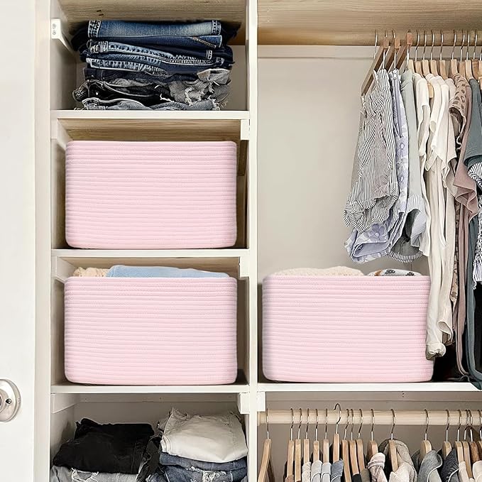 3-Pack Shelf Baskets for Organizing, Woven Storage Basket for Shelves, Cotton Rope Storage Bins for Toys Books, Nursery Towel Baskets for Classroom, 14.96"X9.8"X8.85", Pink-CasaMuseHome