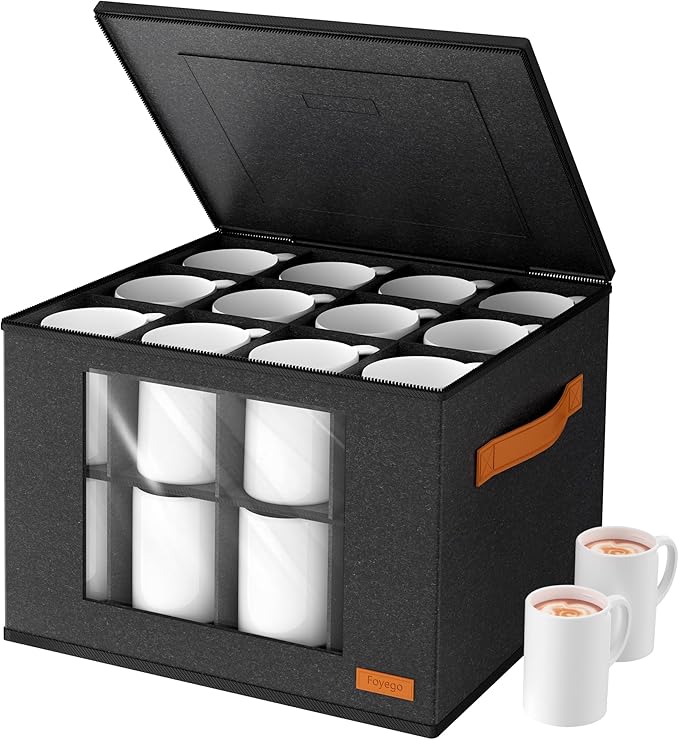 2-Layer Coffee Mug Storage Box with Dividers, Coffee Cup Storage Organizer with Zipper Lid and Handles, Stackable Mug and Cup organizer Service for 24 Coffee Mugs, Cups and Glasses, Dark Grey-CasaMuseHome