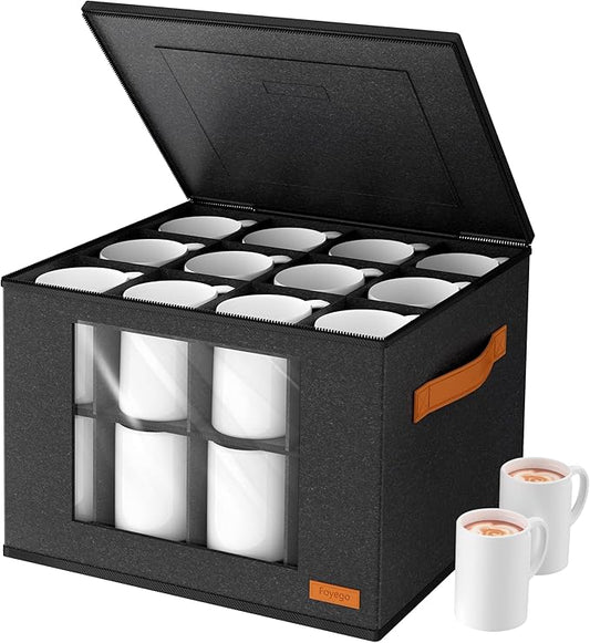 2-Layer Coffee Mug Storage Box with Dividers, Coffee Cup Storage Organizer with Zipper Lid and Handles, Stackable Mug and Cup organizer Service for 24 Coffee Mugs, Cups and Glasses, Dark Grey-CasaMuseHome