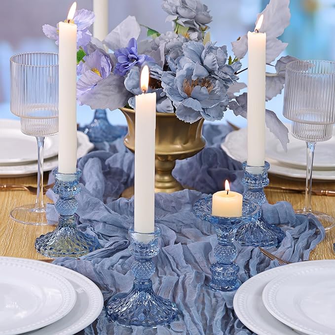 12Pcs 4" H Aqua Blue Candlestick Holders Set- Taper Candle Holders Bulk, Glass Candle Holders for Wedding, Party, Romantic Dinner Table Centerpieces, Festival Gifts & Windowsill Decor-CasaMuseHome