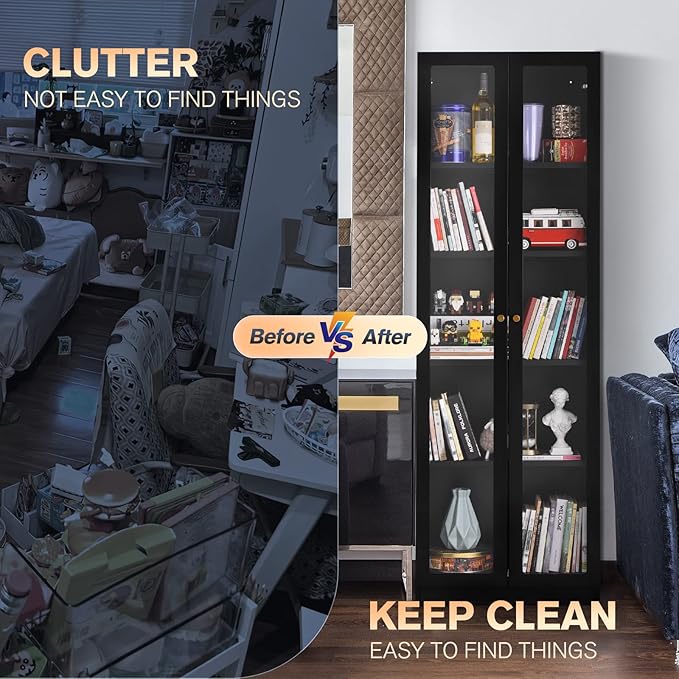 5 Tier Metal Curio Cabinets, 71" Tall Modern Bookshelf Cabinet with 4 Adjustable Shelves, Cabinet Display Case for Home Office, Living Room, Pantry, Assemble Required, Black-CasaMuseHome