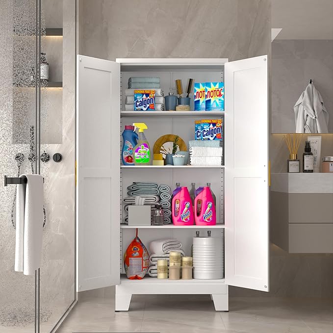 61.02" Pantry Cabinet, Kitchen Pantry Storage Cabinets with Adjustable Shelves and Feet, White Pantry Storage Cabinet for Kitchen, Dining Room, Living Room and Bathroom (White) Metal-CasaMuseHome