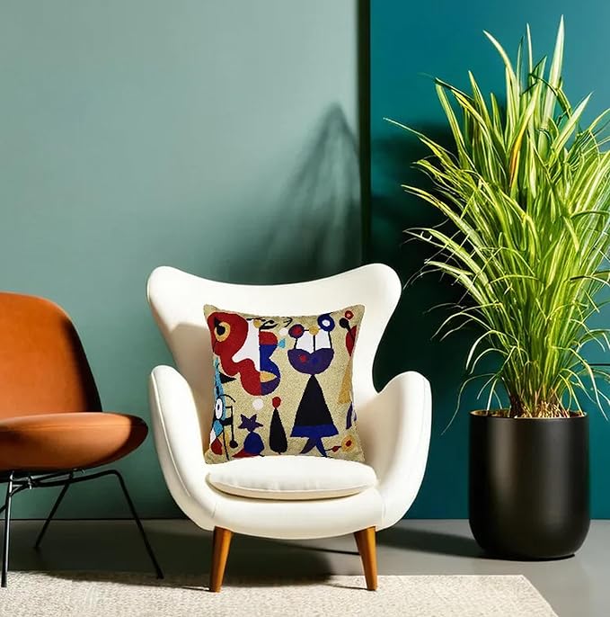 Abstract Decorative Pillow Cover Hand Embroidered Whimsical Toss Pillows Farmhouse Chair Cushion Contemporary Pillowsham Mid-Century Chair Cushions Wool Size 18x18-CasaMuseHome