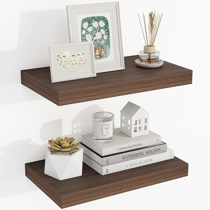 16 Inch Floating Shelves, 16"x9.25"x1.5" Inch Deep Floating Shelves for Wall, Wooden Shelves for Bathroom, Bedroom, Living Room, Walnut-CasaMuseHome