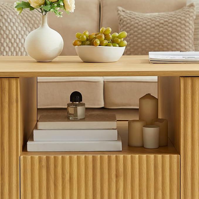 46.5" Oval Coffee Table with Drawers and Storage Mid Century Modern Fluted Solid Wood Side Coffee Tables, Luxury Tea Table Center Table for Living Rooms Offices Apartmen, Natural-CasaMuseHome