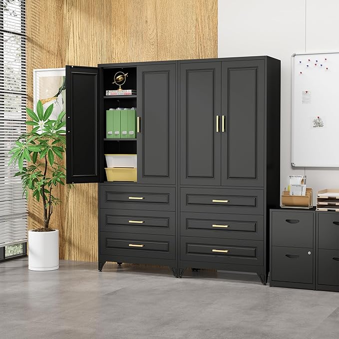75" Kitchen Pantry Cabinet with 3 Drawers,Metal Storage Cabinets with Doors and 4 Adjustable Shelves,Black Kitchen Cabinet with 2 Gold Handles,Food Cupboard for Livingroom, Bathroom,Pantry-CasaMuseHome