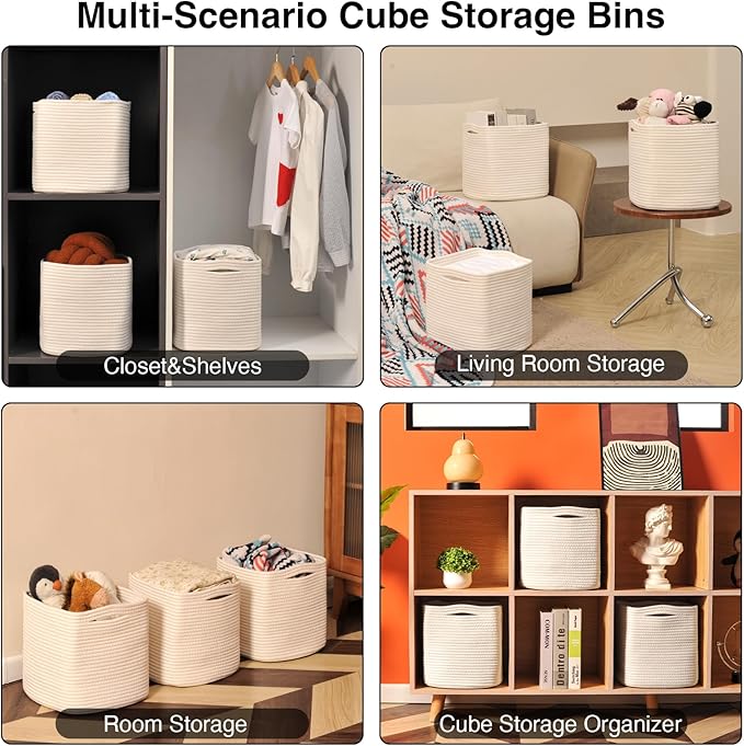 11 Inch Cube Storage Bins, Organizer Bins, Woven Cotton Rope Baskets for Storage, Storage Baskets for Organizing Shelves, White Basket for Toys, Off White (Pack of 3)-CasaMuseHome