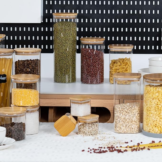 5oz Airtight Square Spice Containers with Bamboo Lid Set of 12 with Black Lables Storage Stackable Spice Jar, Kitchen Canister for Sugar, Tea, Flour, Salt and Seasonings (‎Clear Glass)-CasaMuseHome