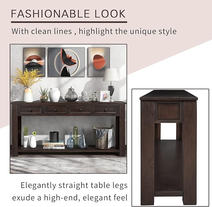 63" Solid Wood Console Table Sofa Table with Storage Drawers and Bottom Shelf,Farmhouse Entryway Table for Hallway Foyer,Sofa Couch Table,Fully Assembled (63" Espresso)-CasaMuseHome