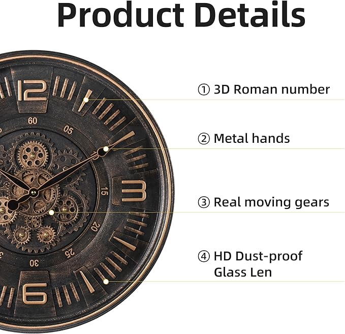 20in Large Real Moving Gears Wall Clock for Living Room, Battery Operated Wall Clocks Decorative Vintage, Home Office Clock, Gift for Family, Friends-CasaMuseHome