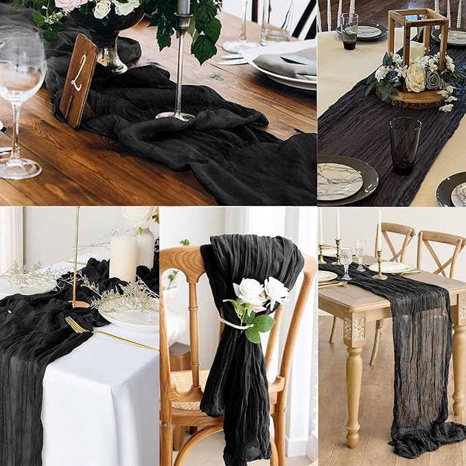 10FT 20 Pack Black Cheesecloth Table Runner 20 x 120 Inch Long Boho Fabric Rustic Cheese Cloth Table Runner for Wedding Bridal Shower Baby Shower Gauze Sheer Birthday Party Table Decorations-CasaMuseHome