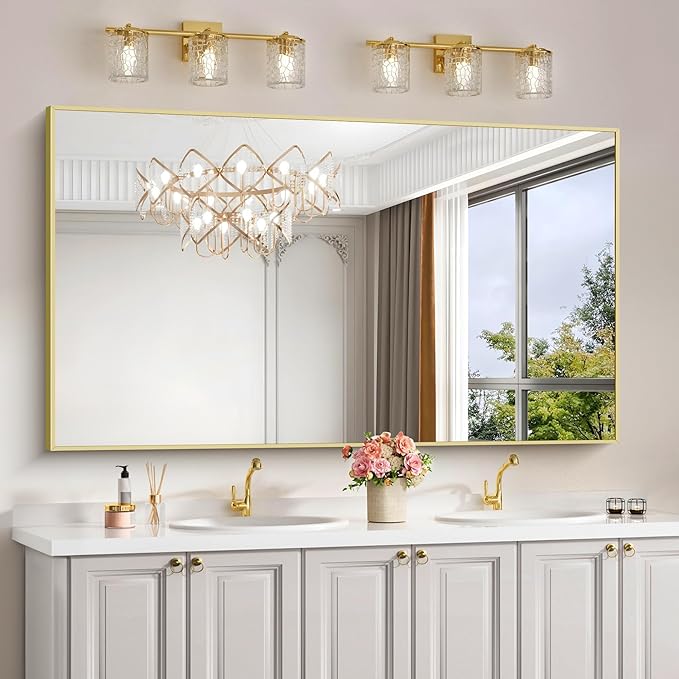 30x55In Gold Bathroom Mirror for Wall, Brushed Gold Rectangle Mirrors with Metal Frame, Bathroom Rectangular Mirror Modern Wall Mirror for Bedroom Living Room, Hangs Horizontal or Vertical-CasaMuseHome
