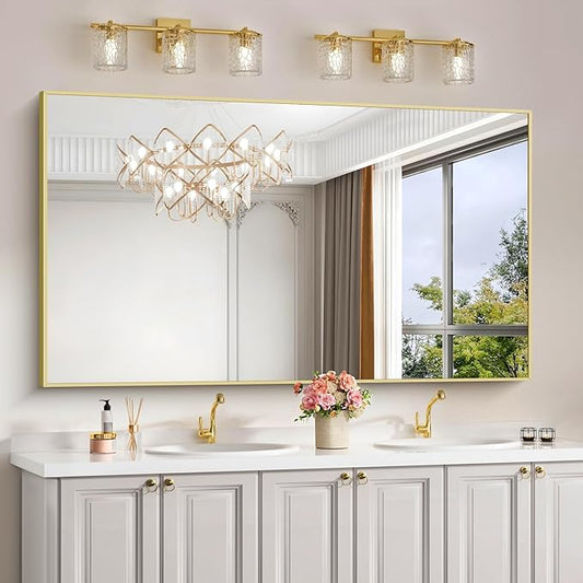 30x55In Gold Bathroom Mirror for Wall, Brushed Gold Rectangle Mirrors with Metal Frame, Bathroom Rectangular Mirror Modern Wall Mirror for Bedroom Living Room, Hangs Horizontal or Vertical-CasaMuseHome