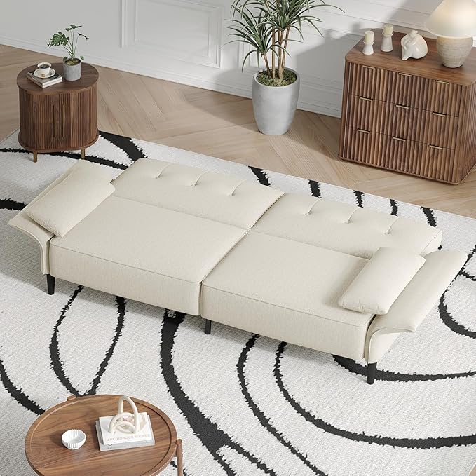 89” Futon Sofa Bed, Linen Comfy Futon Couch Bed with 2 Square Pillows, Convertible Sleeper Sofa with Adjustable Backrest& Armrests, Modern Loveseat Sleeper for Living Room, Bedroom, White-CasaMuseHome