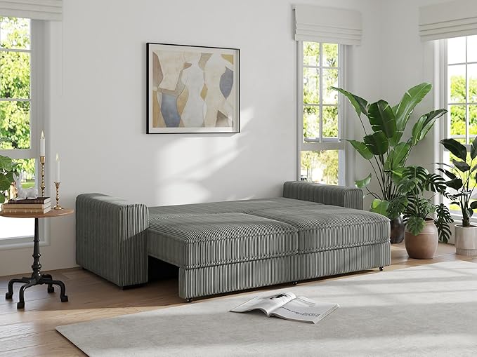 91-Inch Corduroy Pull Out Couch with Storage, Convertible Queen Sleeper Sofa with Pull Out Bed, Hide a Bed Couches for Bedroom, Guest Room, Apartment, Small Places, RV (Grey)-CasaMuseHome